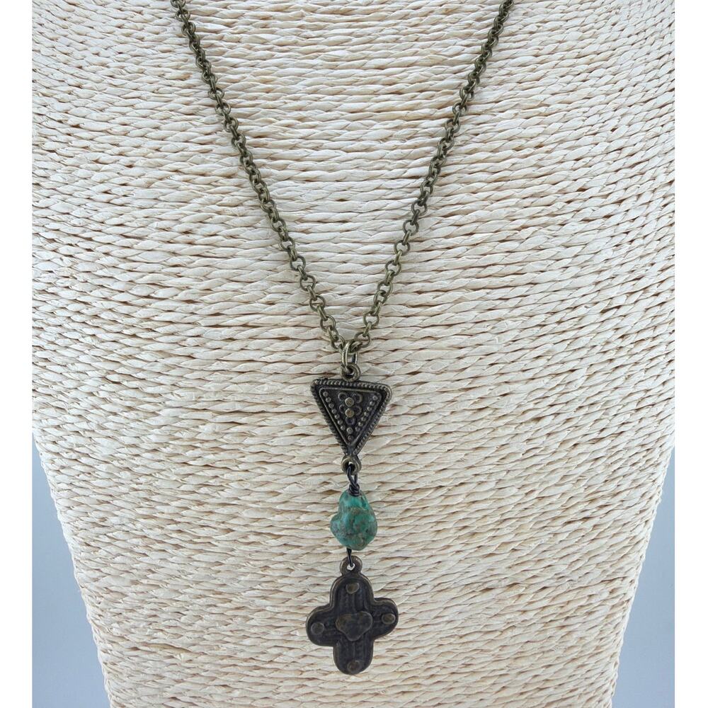 Handcrafted Artisan Made Ethiopian  Coptic Cross Pendant Necklace with Turquoise